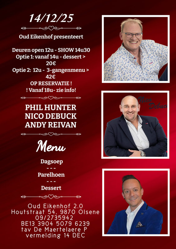 Concerten Dinner live optreden Phil Hunter, Andy Reivan & Nico Debuck.