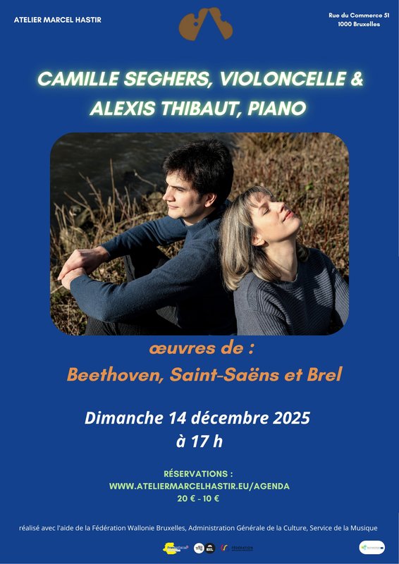 Concerten Camille Seghers, cello & Alexis Thibaut, piano: Beethoven, Saint-Saëns Brel
