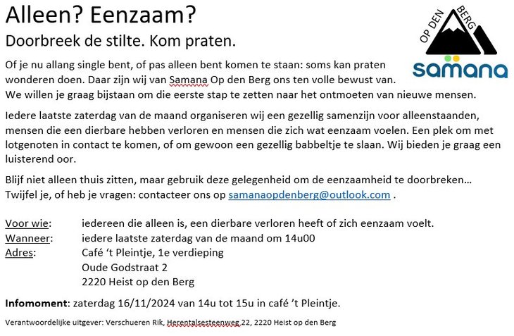 Ontspanning Praatnamiddag alleenstaanden, weduwen mensen zich eenzaam voelen