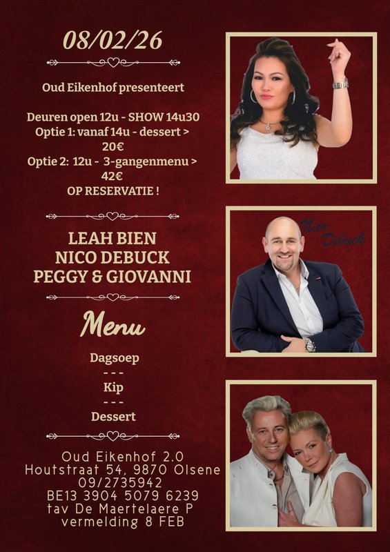 Concerten Diner liveoptreden Nico Debuck, Leah Bien, Peggy & Giovanni