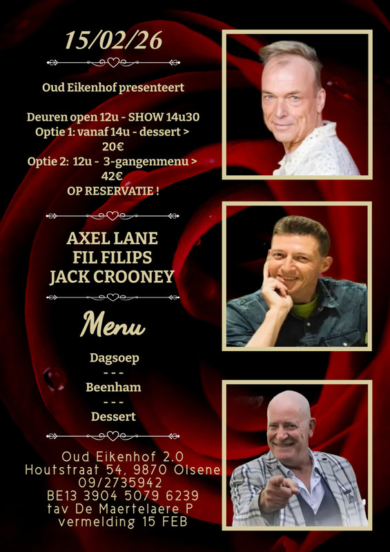 Concerten Diner liveoptreden Axel Lane, Filips & Jack Crooney