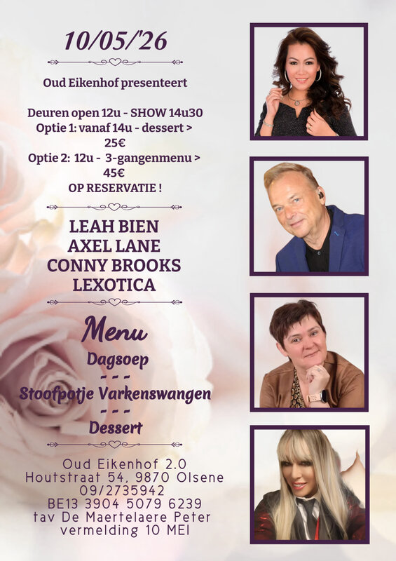 Concerten Diner live optreden Conny Brooks, Axel Lane, Lexotica & Leah Bien.