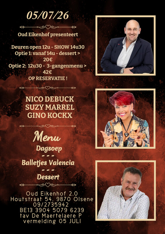Concerten Diner live optreden Suzy Marrel, Gino Kockx & Nico Debuck