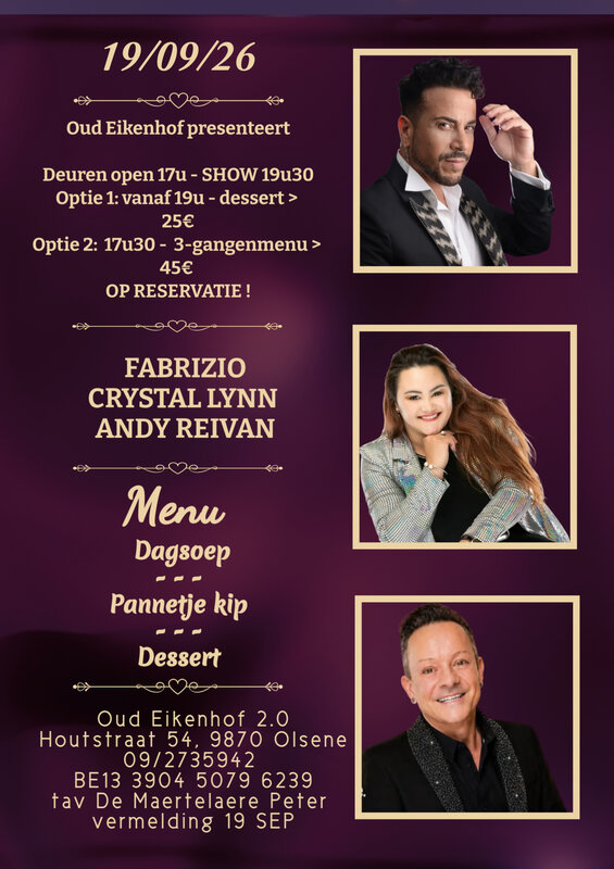 Concerten Diner liveoptreden Andy Reivan, Crystal Lynn & Fabrizio