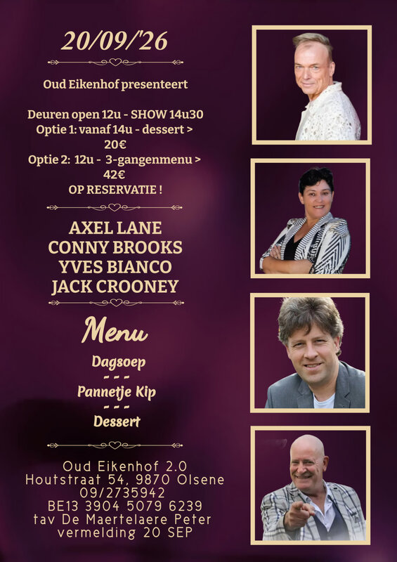 Concerten Diner liveoptreden Jack Crooney, Yves Bianco, Conny Brooks & Axel Lane