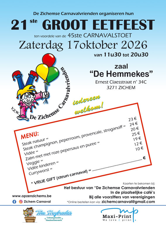 Ontspanning 21ste Groot Eetfeest t.v.v. 45ste Zichemse carnavalstoet