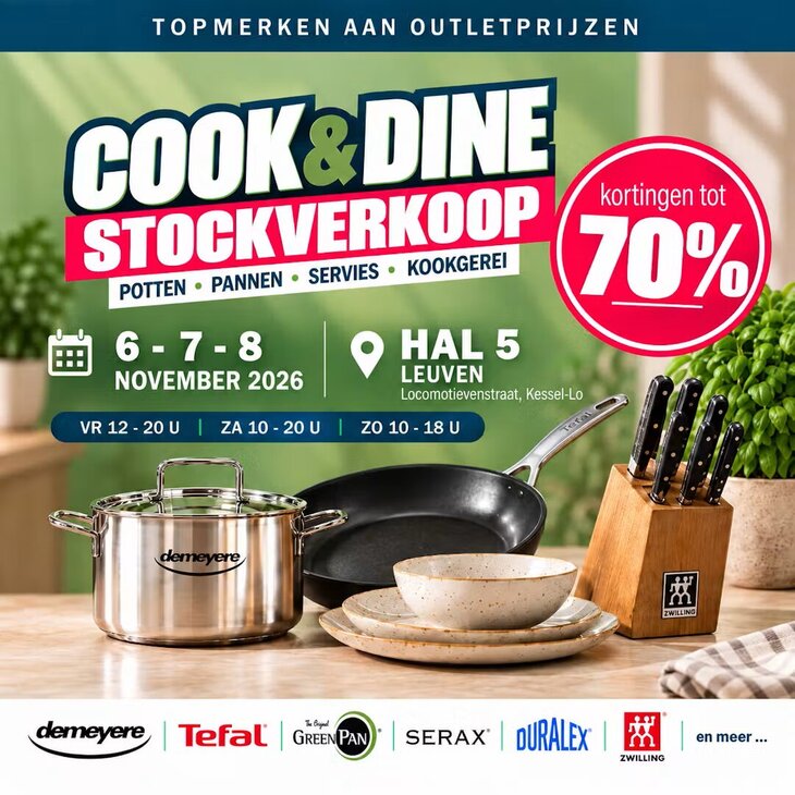 Ontspanning Cook & Dine stockverkoop Leuven Demeyere, Tefal & meer tot korting